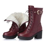 Christmas Gift High-heeled genuine leather women winter boots thick wool warm women Military boots high-quality female snow boots K25