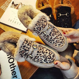 Lourdasprec Apanzu New Women Winter Ankle Boots Leopard Snow Boots Plush Natural Rabbit Fur Warm Slip-On Ladies Shoes Flats Plus Size 35-40