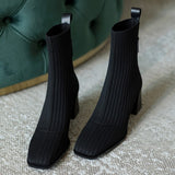 Lourdasprec 7 CM High Heels Sock Boots Women Autumn New Fashion Square Toe Square Heel Calf Booties Knit Fabric Pumps