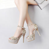 Lourdasprec sexy high heels open toes platform heels shoes woman Flower Gold Sliver Wedding Shoes ankle strap pumps bridal heels shoes 2022