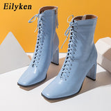 Christmas Gift Size 35-42 Women Square Head Ankle Boots Fashion Cross Strap Square High Heels Winter Shoes Zipper Office Lady Boots