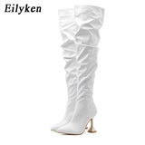 Christmas Gift  New Design Pleated Leather Over The Knee Boots Fashion Runway Strange High Heels Sexy Pointed Toe Zip Womans Shoes