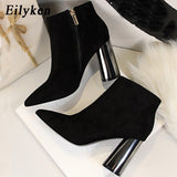 Christmas Gift Women Flock Leather short Boots Fashion Handmade Classic Pointed toe Metal Heels thick high Women Booties