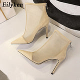 Christmas Gift Sexy Mesh high heels Boots for women Pointed toe shoes Ladies high heel Boots Runway 2021 Ladies Party shoes Wedding