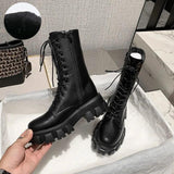 Christmas Gift Platform Boots Women Shoes White Black Leather Booties Ankle Boots Lace Up Combat Boots Flat Punk Goth Winter Autumn