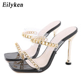 Christmas Gift Clear PVC Transparent High Heel Slippers Summer Fashion Chain Design Slip On Square Toe Slides Women Mules Pumps