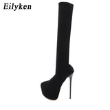 Christmas Gift  17CM Platform Heels Boots Woman Over Knee Winter Boot Womens Black knitting Shoes Thigh High Socks Boots Lady Shoes