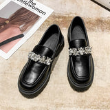 Christmas Gift College Girls crystal mall leather shoes for women flats square toe loafers brogue chunky heels thick soled diamond oxfords