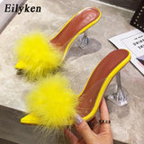Christmas Gift 2022 New PVC shoes Woman Feather Transparent High heels Fur Pumps Slippers Women Peep toe Mules Lady Pumps Slides White