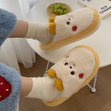 Cute Shy Strawberry Bear Slippers For Women Fashion Kawaii Fluffy Winter Warm Slipper Woman Cartoon Smiley Face  House Slippers