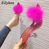 Christmas Gift 2022 New PVC shoes Woman Feather Transparent High heels Fur Pumps Slippers Women Peep toe Mules Lady Pumps Slides White