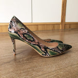 LOURDASPREC Green Snake-effect Embossed Women Sexy Stilettos High Heels Ultra High Pointed Toe Pumps Ladies Slip On Party Shoes