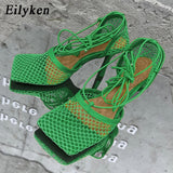 Christmas Gift  2022 New Sexy Yellow Mesh Pumps Sandals Female Square Toe high heel Lace Up Cross-tied Stiletto hollow Dress shoes