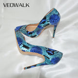 LOURDASPREC Snake Printing Leather Women Super High Heels Sexy Ladies Pointed Toe Stiletto Pumps Slip on Heeled Party Shoes Blue