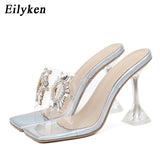 Christmas Gift PVC Transparent Crystal Sun Flowers Buckle Womens Slippers Summer Square Toe Ladies Strange High Heels Sandals Shoes