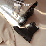Christmas Gift BeauToday Ankle Boots Women Platform Cow Leather Round Toe Lace-Up Zipper Closure Autumn Winter Shoes Thick Sole Handmade 04420