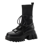Lourdasprec Women's Mid Calf Boots Autumn Winter 2021 New Ladies Casual Platform Elastic Sock Boots Fashion Black Lace Up Woman Gothic Shoes