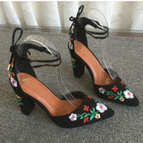 Lourdasprec Women High Heels Plus Size Embroidery Pumps Flower Ankle Strap Shoes Female Two Piece Sexy Party Wedding Pointed Toe