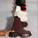 LOURDASPREC 2021 New Winter Warm Fashion Mid Heels Knitting Chelsea Women Shoes Ankle Sock Stretch Boots Designer Chunky Platform Snow Boots