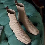 Lourdasprec 7 CM High Heels Sock Boots Women Autumn New Fashion Square Toe Square Heel Calf Booties Knit Fabric Pumps