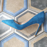LOURDASPREC Royal Blue Women Flock Pointed Toe Stiletto Pumps Elegant Ladies Formal Dress Shoes Slip On Extremely High Heels 45 46