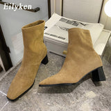 Christmas Gift Women Winter Shoes Fashion High Quality Flock Square Toe Slip-On Ladies Ankle Boots Thick High Heels Pumps Size 35-40