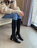 Lourdasprec 2022 Women Mid-Calf Boots Fashion Beauties Square Heel PU Leather Elegant Metal Decoration Black and Beige Boots Square Heel
