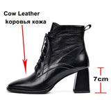 LOURDASPREC Real Leather High Heel Ankle Boots Women Shoes Square Toe Chunky Heels Zip Cross Tied Female Short Boots Autumn Brown