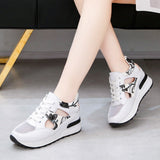 Rimocy Summer Breathable Mesh Wedge Heel Sneakers Women White Leather Hollow Out Casual Shoes Woman Lace Up Vulcanize Shoes 2020