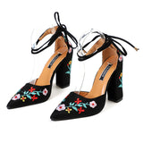 Lourdasprec Women High Heels Plus Size Embroidery Pumps Flower Ankle Strap Shoes Female Two Piece Sexy Party Wedding Pointed Toe