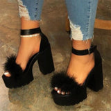 Christmas Gift Woman Furry Sandals High Heels with Fur Female Platform Pumps Women Ankle Strap Women's Wedge Shoes 2021 Summer Dropshipping