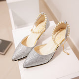 Graduation Gift Big Sale 2022 Sexy Pointed Toe Wedding Bride High Heels Shoes Female Low Small Heel Sandals Party Office Gold Silver Women Pumps