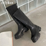 Christmas Gift Fashion Non-Slip Thick Bottom Knee High Boots Women High Quality Round Toe Zip Motorcycle Boot Platform Shoes Goth