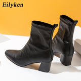 Christmas Gift 2022  New Black Brown Autumn Winter Ankle Boots For Women Soft PU Leather Female Square Heels Elastic Boots size 35-42