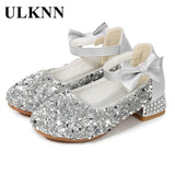 Christmas Gift Girls Princess Shoes Kids Crystal Leather Shoes 2021 Spring New Children's Single High Heel Shoes Bow-knot Silver 26-38