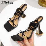 Christmas Gift 2022 New Design Ankle Strap Sandals Women Square heel Party Lace-Up Summer Strange Style Sandal Shoes size 41 42