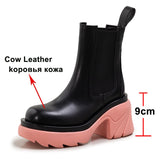 LOURDASPREC INS Genuine Leather Ankle Boots Shoes Women Platform Super High Thick Heel Boot Slip On Round Toe Lady Short Boots 42
