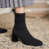 Lourdasprec Autumn Square Toe Women Shoes Boots Square Toe Knit Fabric High Heels Booties Slip On Calf Shoes 7 cm