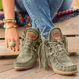 Christmas Gift 2021 Nice Bohemian Boots Women Ethnic Tassel Fringe Faux Suede Leather Mid Half Winter Boots Woman Square Heel Shoe Booties
