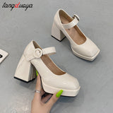 2022 Women Shoes Womens Platform Heels Mary Janes Shoes High Heels Leather Shoes Round Toe Patent Leather Gothic Lolita Thick