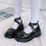 Mary Janes Shoes Women Lolita Shoes Star Buckle Cross-tied Platform Shoes Patent Leather Girls Shoes Rivet Casual Shoes Woman