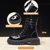 Lourdasprec Winter Ankle Boots Women Black Platform Patent Leather Wedges Short Boots Woman Fashion Mid Heels Round Toe Booties Botas Mujer