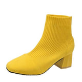 Christmas Gift Stretch Fabrics Sock Boots for Women Shoes 5.5cm Square Heel Yellow Knitting Shoes Elastic Cottton Boots Lady Footwear