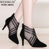 Christmas Gift Fashion Mesh Lace Crossed Stripe Women Ladies Casual Pointed Toe High Stilettos Heels Pumps Feminine Mujer Sandals Shoes