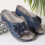 Rimocy PU Leather Flowers Wedges Slippers Women 2021 Comfortable Hollow Out Retro Sandals Woman Summer Casual Beach Flip Flops