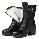 Christmas Gift Women's Winter Boots High Heels Black Leather Booties Velvet Fur Boots Warm Square Heel Shoes Mid Calf Botas 34-41 Size