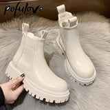 Christmas Gift Winter Boots PU Leather Shoes for Women Chelsea Ankle Boots Platform Booties Fashion Designer White Boots Goth Zapatos