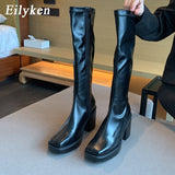 Christmas Gift New Knee High Boots Women Square Heel Casual Winter Long Boot Shoes Ladies Round Toe Zip Fashion Cool Knight Bootties