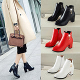 Female Comfortable Thick Heel Ankle Boots Fashion Buckle Zipper Boots Women Round Toe Fall Winter Shoes Black White