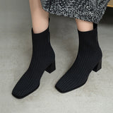 Lourdasprec Autumn Square Toe Women Shoes Boots Square Toe Knit Fabric High Heels Booties Slip On Calf Shoes 7 cm